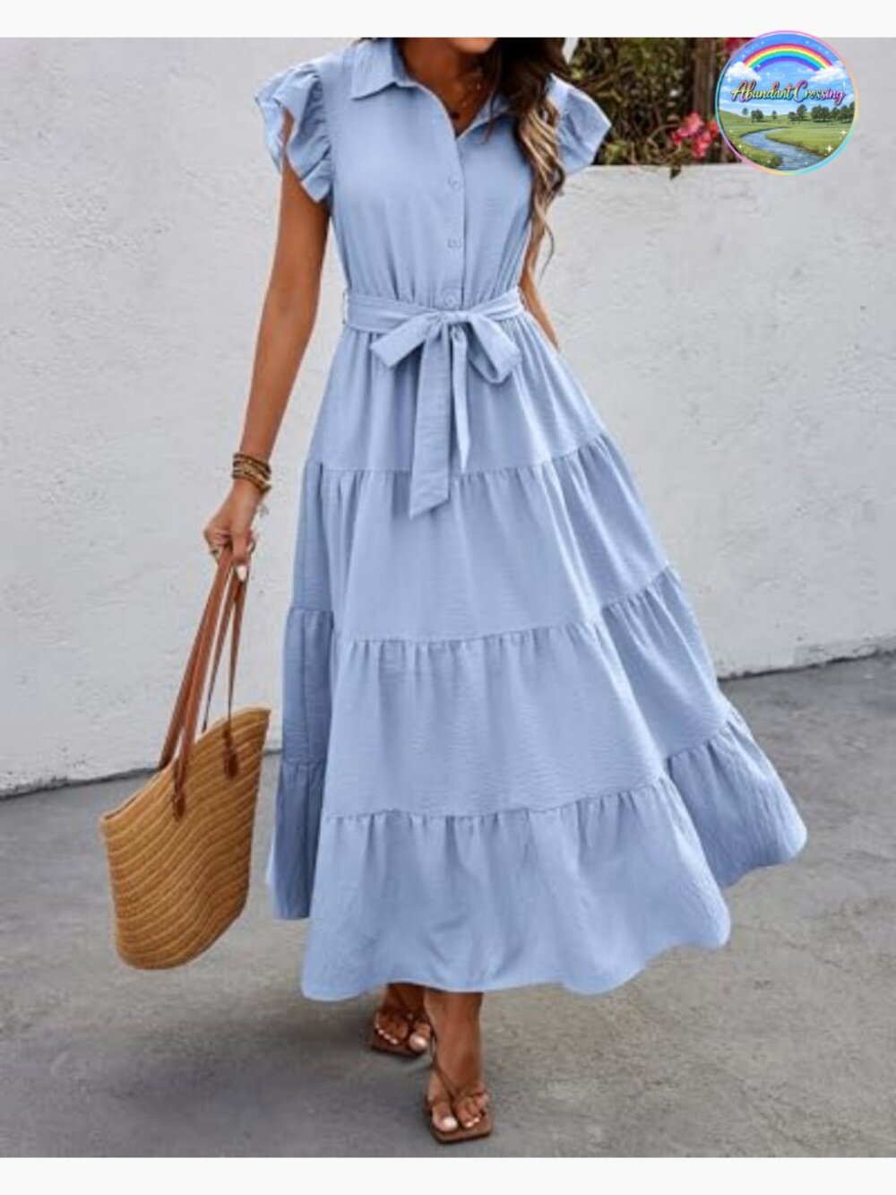 Cap Ruffle Sleeve V Neck Button Tiered Boho Maxi Dress with Pockets - Picture 2 of 7